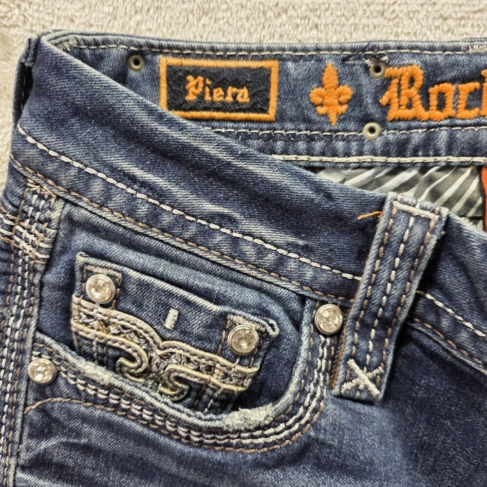 Rock Revival Jeans Womens 27 Blue Piera Skinny Raw Hem Embroidered Fleur de Lis - Picture 3 of 11